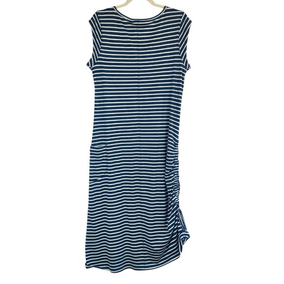 Toad & Co Women Samba Muse Ruched Midi Dress Sz Large Navy Blue Striped Coastal - Picture 3 of 12